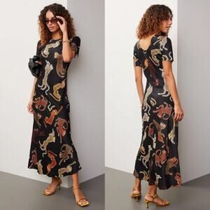 Silk Laundry Jaguar Dress Animal Print Satin Silk Short Sleeve A-Line Multi XL